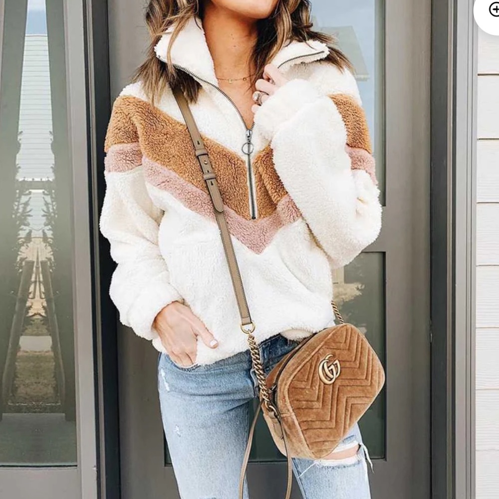 Shop The Mint Quarter Zip Cozy Color Block Chevron Faux Fur Pullover (M)